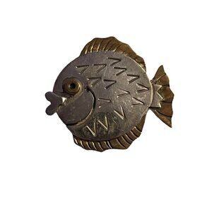 Far Fetched Sterling Silver Brass Accents Puffer Fish Brooch Pin VTG‎ Sea Life